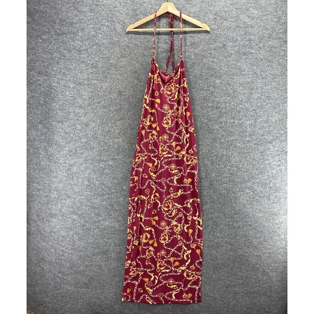 New Capella Dress Women L Large Red Floral Maxi Long Sleeveless Halter Neck